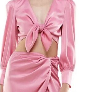 Light pink tie front satin blouse
